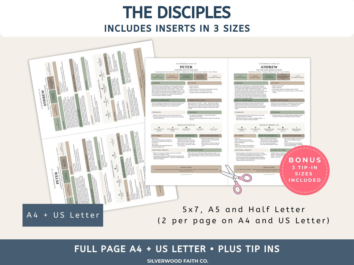 Bible Inserts Disciples of Jesus, Bible Tip-Ins for 12 Apostles, Bible Character Study Guide, Printable PDF, Sage (Digital Download)