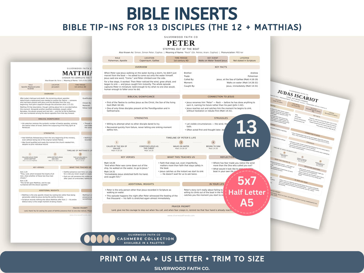 Bible Inserts Disciples of Jesus, Bible Tip-Ins for 12 Apostles, Bible Character Study Guide, Printable PDF, CASHMERE (Digital Download)