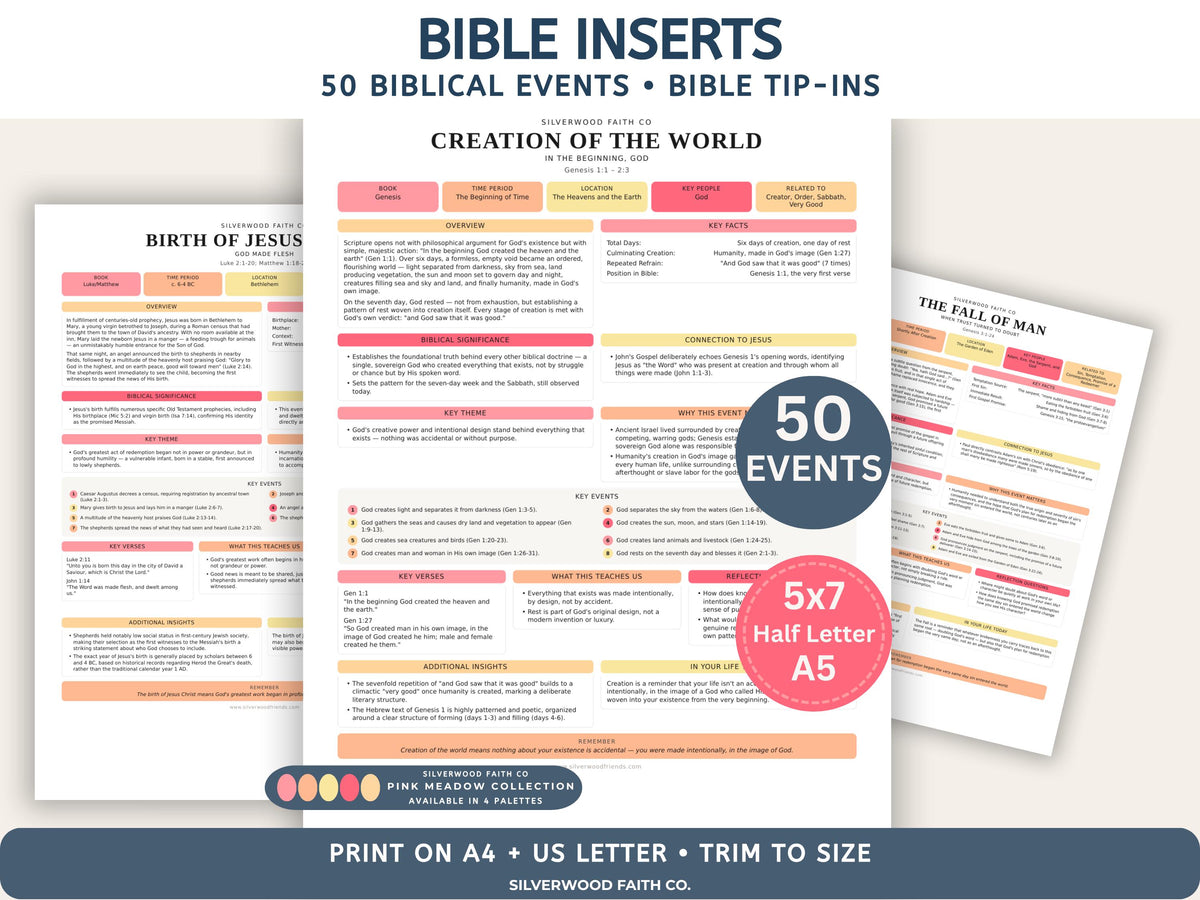 Bible Inserts Biblical Events Bible Study Guide, Bible Tip Ins 50 Events of the Bible, Biblical Timeline PDF, PINK MEADOW (Digital Download)
