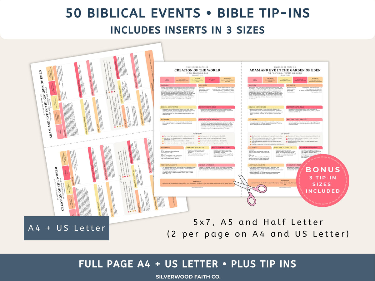 Bible Inserts Biblical Events Bible Study Guide, Bible Tip Ins 50 Events of the Bible, Biblical Timeline PDF, PINK MEADOW (Digital Download)