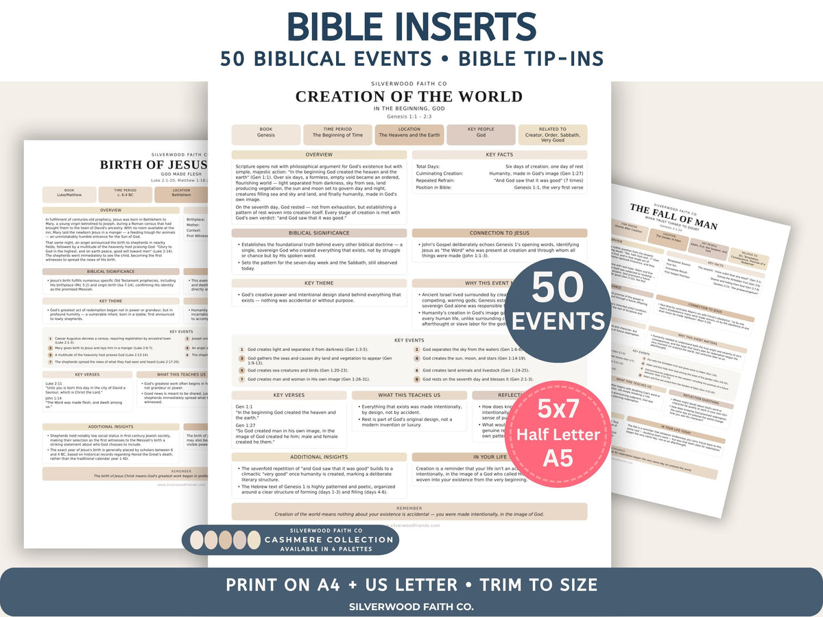 Bible Inserts Biblical Events Bible Study, Bible Tip Ins 50 Events of the Bible, Biblical Timeline PDF, CASHMERE (Digital Download)