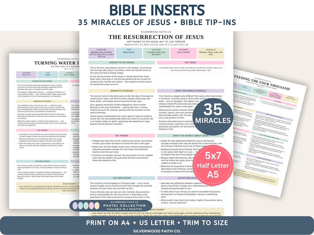 Bible Inserts 35 Miracles of Jesus Bundle Series, Bible Study Tip Ins, Christian Lesson Posters, Sunday School, PASTEL (Digital Download)