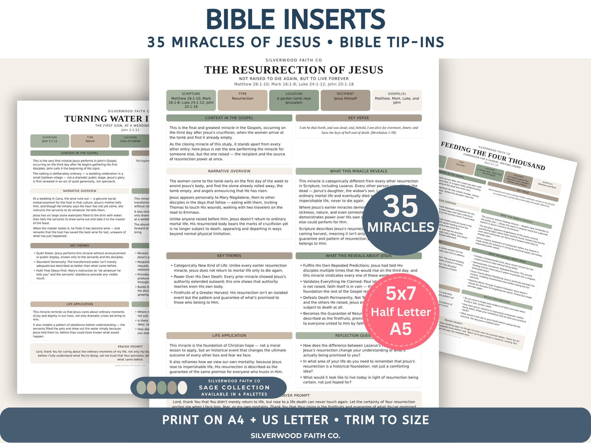 Bible Inserts 35 Miracles of Jesus Bundle Series, Bible Study Tip Ins Biblical Miracles, SAGE (Digital Download) 553