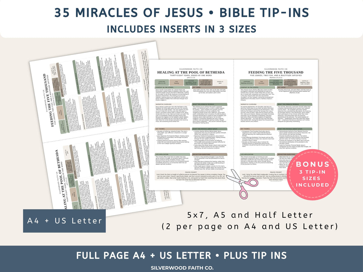 Bible Inserts 35 Miracles of Jesus Bundle Series, Bible Study Tip Ins Biblical Miracles, SAGE (Digital Download) 553