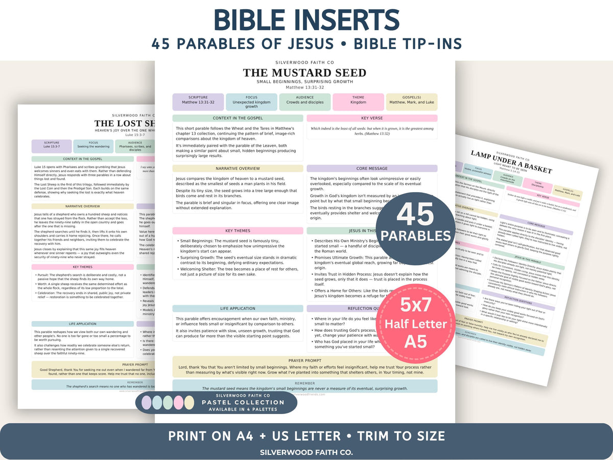 Bible Inserts Parables of Jesus Bible Study Guide, 45 Parable Summaries Bible Tip Ins, Jesus Teachings, PASTEL (Digital Download)