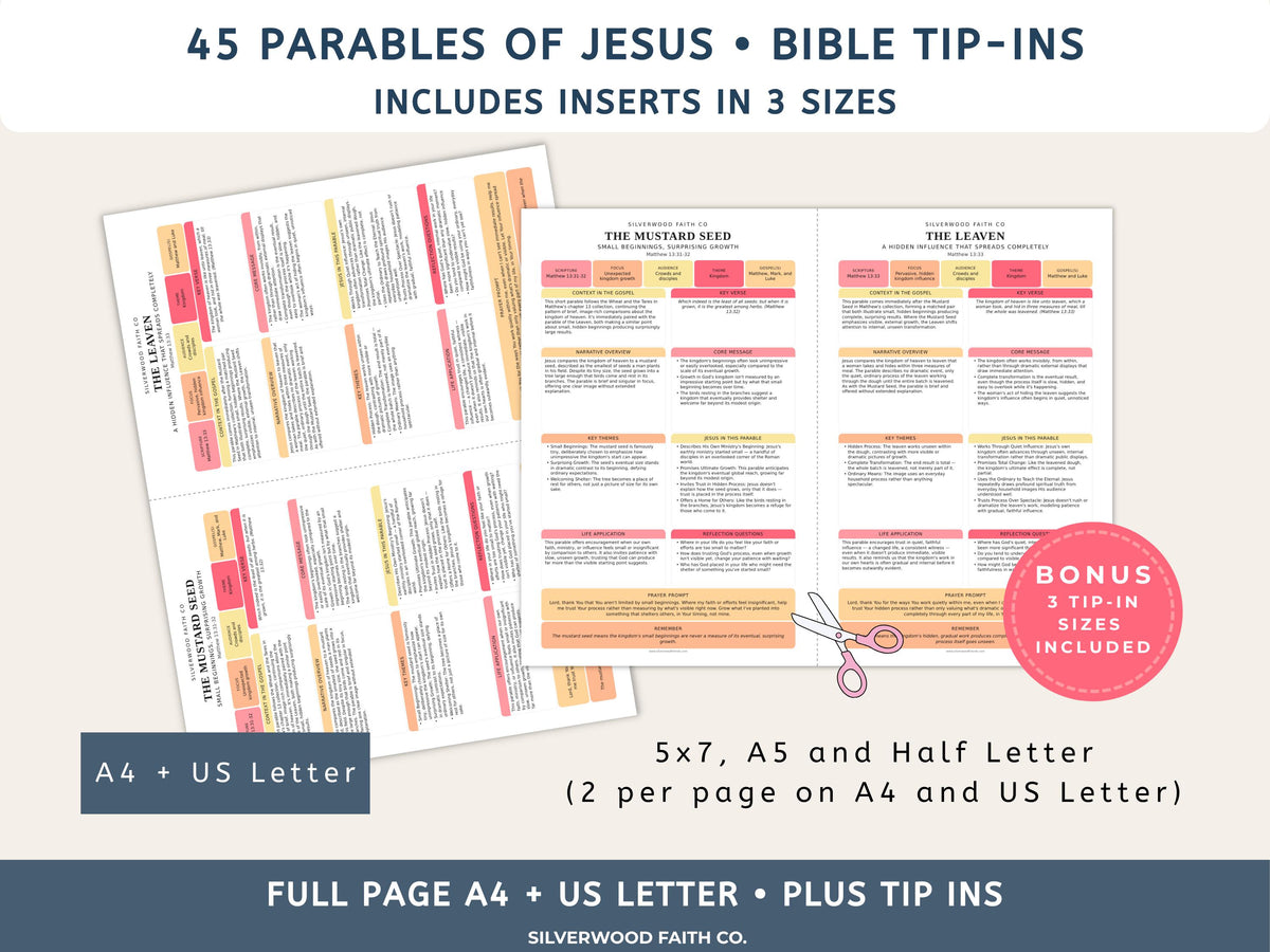 Bible Inserts Parables of Jesus Study Guide, Bible Tip Ins 45 Parable Summaries Bible Study, Jesus Teachings, PINK MEADOW (Digital Download)