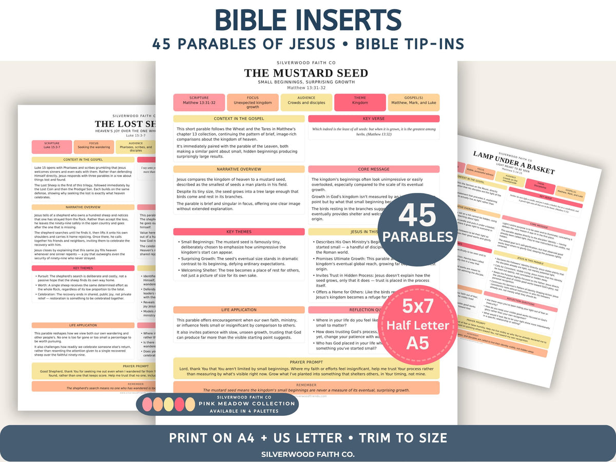 Bible Inserts Parables of Jesus Study Guide, Bible Tip Ins 45 Parable Summaries Bible Study, Jesus Teachings, PINK MEADOW (Digital Download)