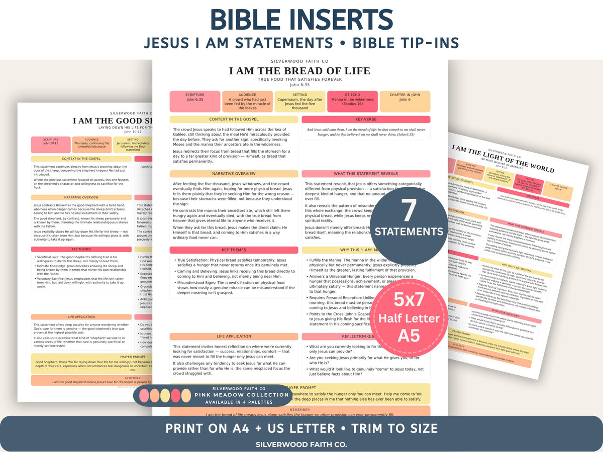 Bible Inserts I Am Statements of Jesus, Bible Tip Ins Jesus I AM Statements Printable Worksheets, PINK MEADOW (Digital Download)