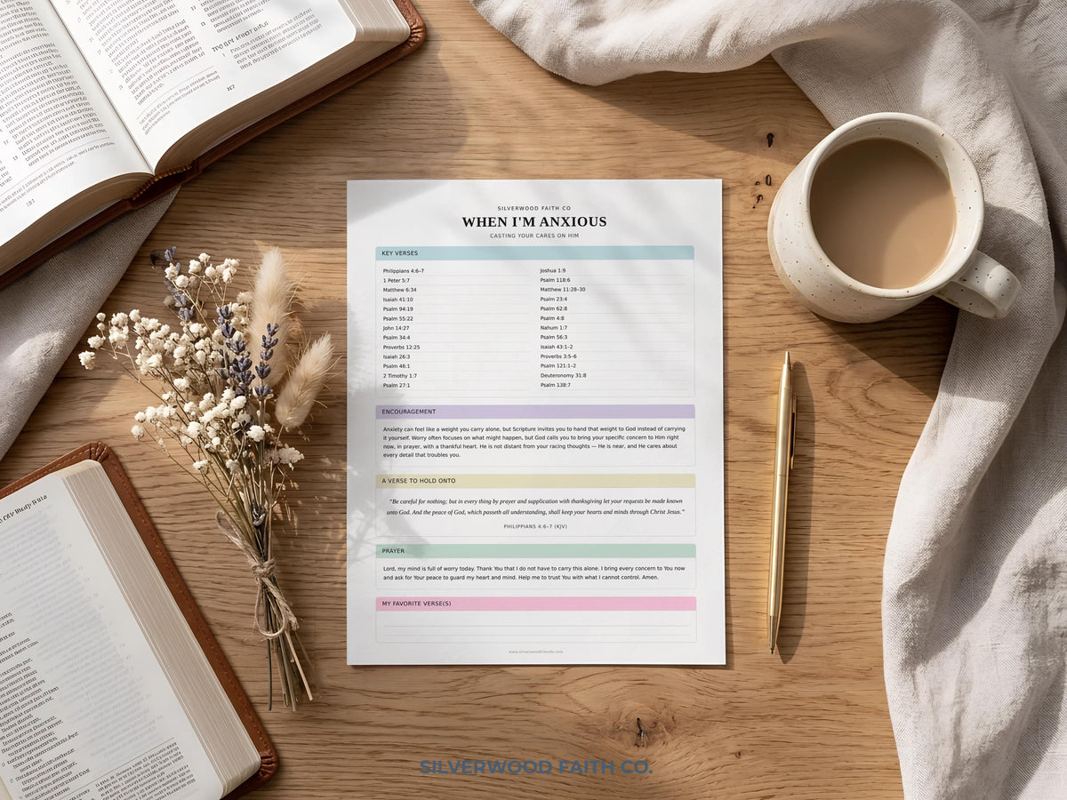 When anxious Bible verse wall art — downloadable faith printable with organized prayer requests and memorization space