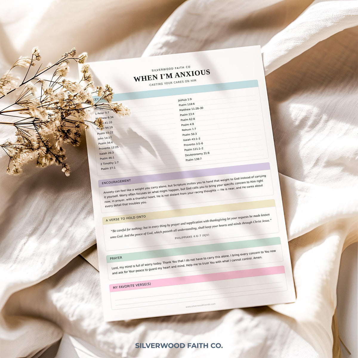 Spiritual wellness poster for home office — minimalist scripture guide with mint and blush color blocks