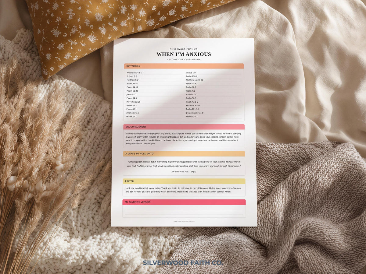 Worry and faith scripture printable for prayer room — cute devotional design with gradient banner separators and spiritual encouragement
