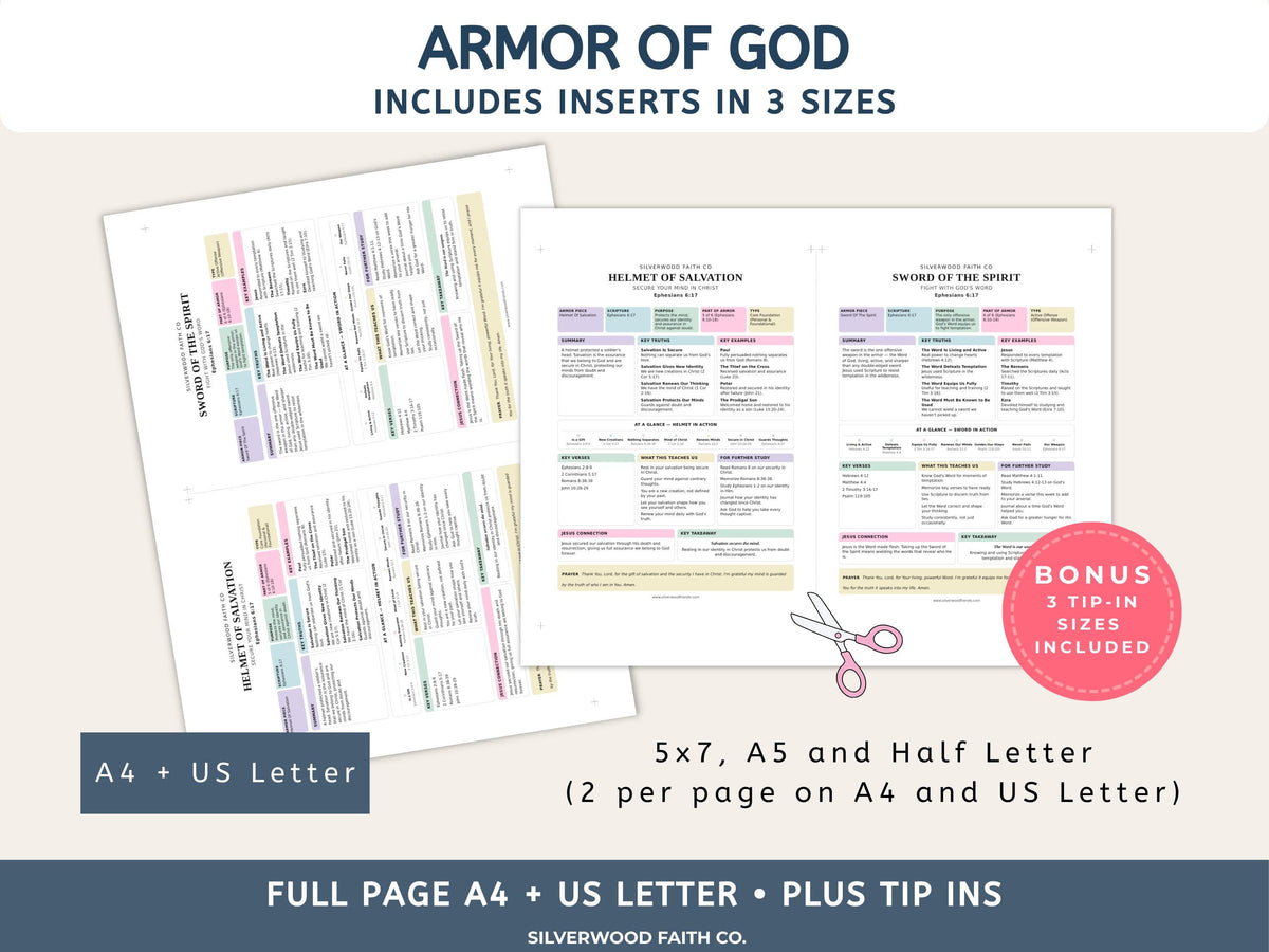 Armor Of God Bible Study Guide, Loaded Bible Tip Ins, Bible Journaling Inserts Printable PDF, PASTEL (Digital Download) 635