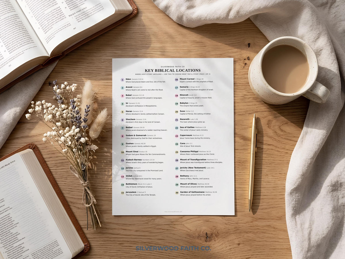 Christian locations mapping instant download art — organized reference sheet with visual scanning markers and clean typography
