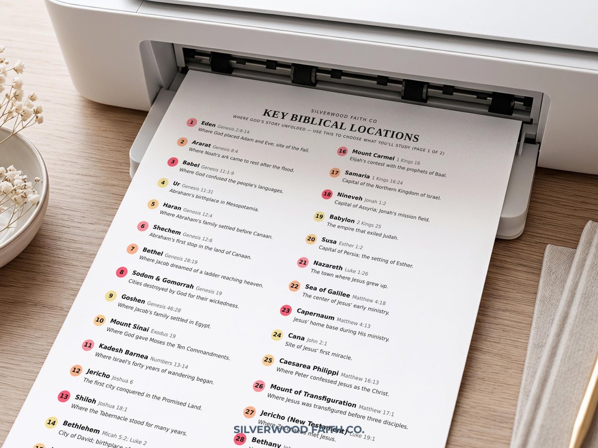 Bible locations reference printable — modern typographic study aid with structured entry format for journaling