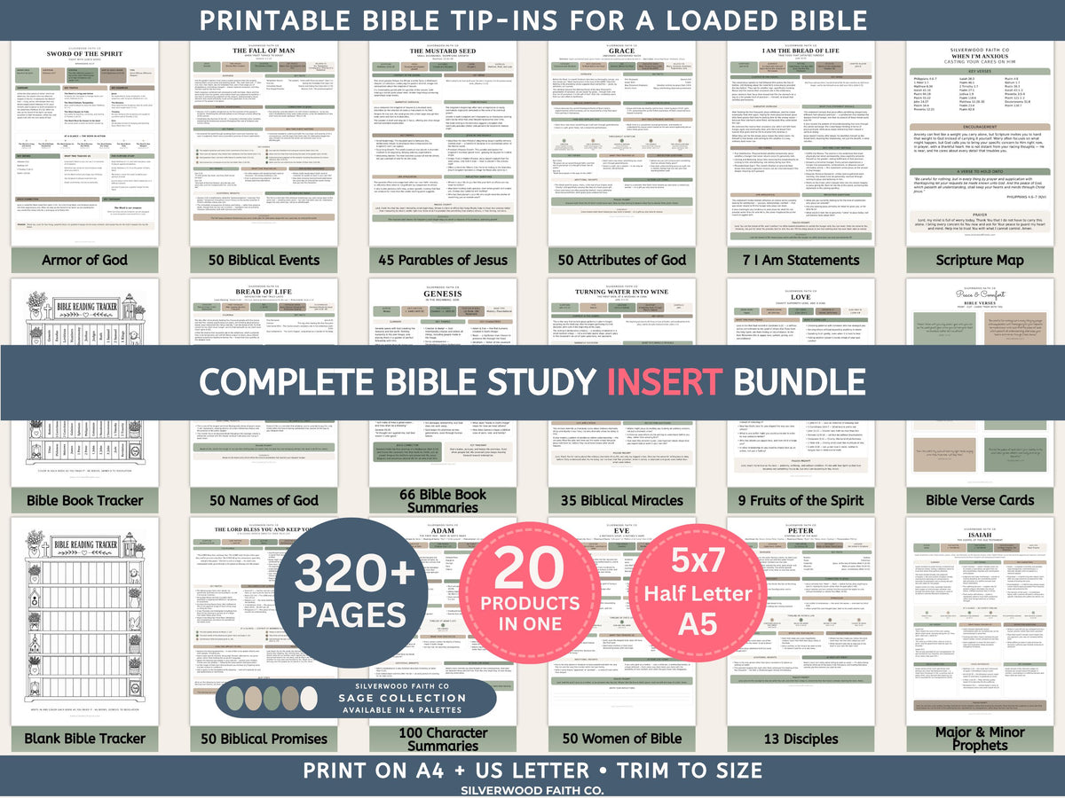 Complete Bible INSERT Study Guide Bundle, Loaded Bible Study Tip Ins, Bible Summaries, Bible Study Resources, Printable (Digital Download) Sage Green