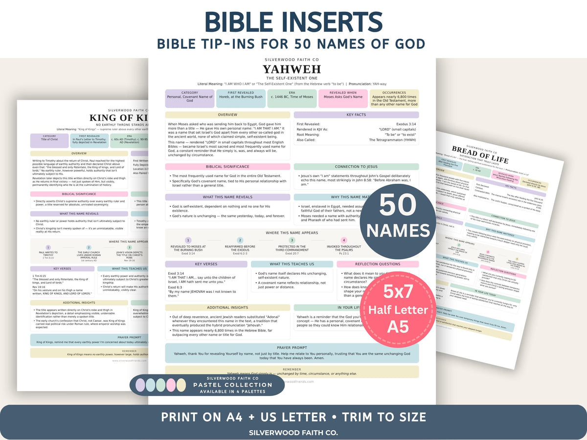 Bible Inserts 50 Names of God Bible Study Guide, Bible Tip-Ins 50 Summaries on God's Name in the Bible, PASTEL (Digital Download)