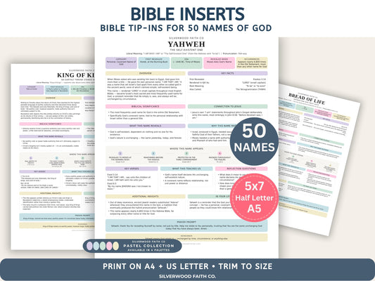 Bible Inserts 50 Names of God Bible Study Guide, Bible Tip-Ins 50 Summaries on God's Name in the Bible, PASTEL (Digital Download)