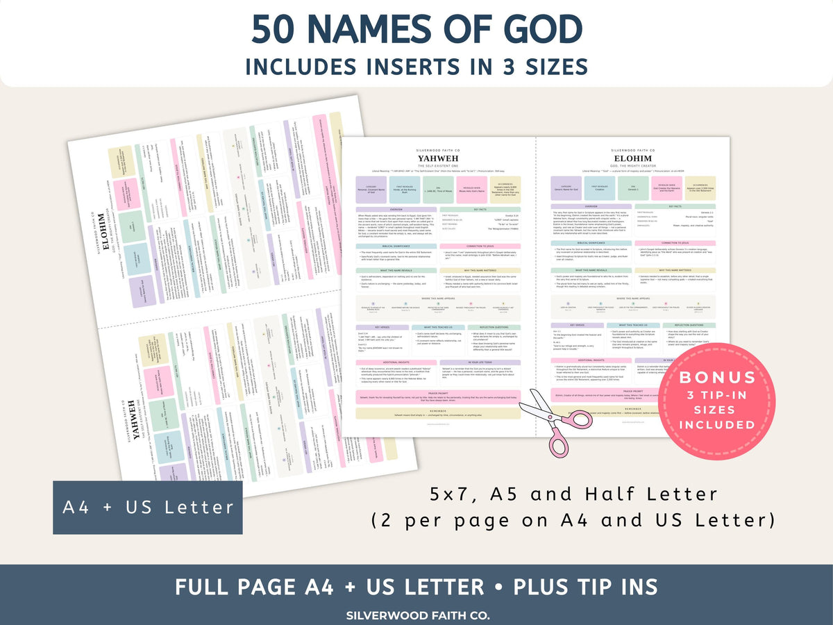 Bible Inserts 50 Names of God Bible Study Guide, Bible Tip-Ins 50 Summaries on God's Name in the Bible, PASTEL (Digital Download) 537