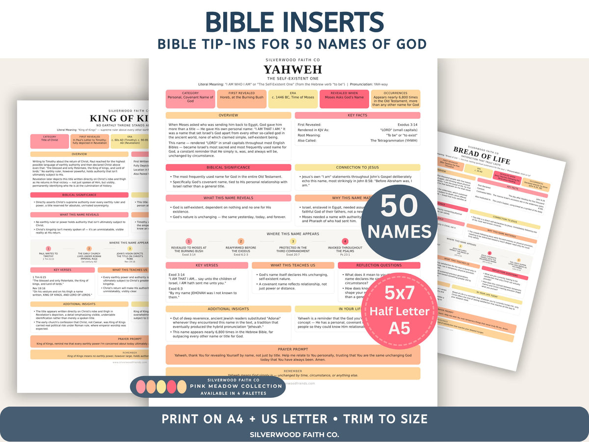 Bible Inserts 50 Names of God Bible Study Guide, Bible Tip-Ins 50 Summaries on God's Name in the Bible, PINK MEADOW