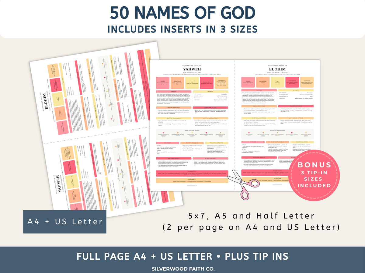 Bible Inserts 50 Names of God Bible Study Guide, Bible Tip-Ins 50 Summaries on God's Name in the Bible, PINK MEADOW (Digital Download) 538