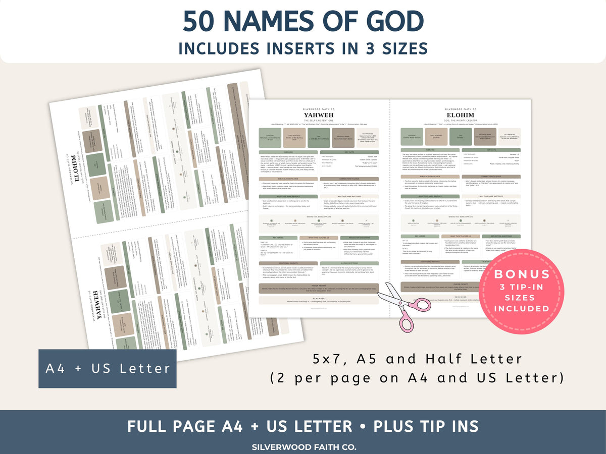 Bible Inserts 50 Names of God Bible Study Guide, Bible Tip-Ins 50 Summaries on God's Name in the Bible, SAGE (Digital Download) 539