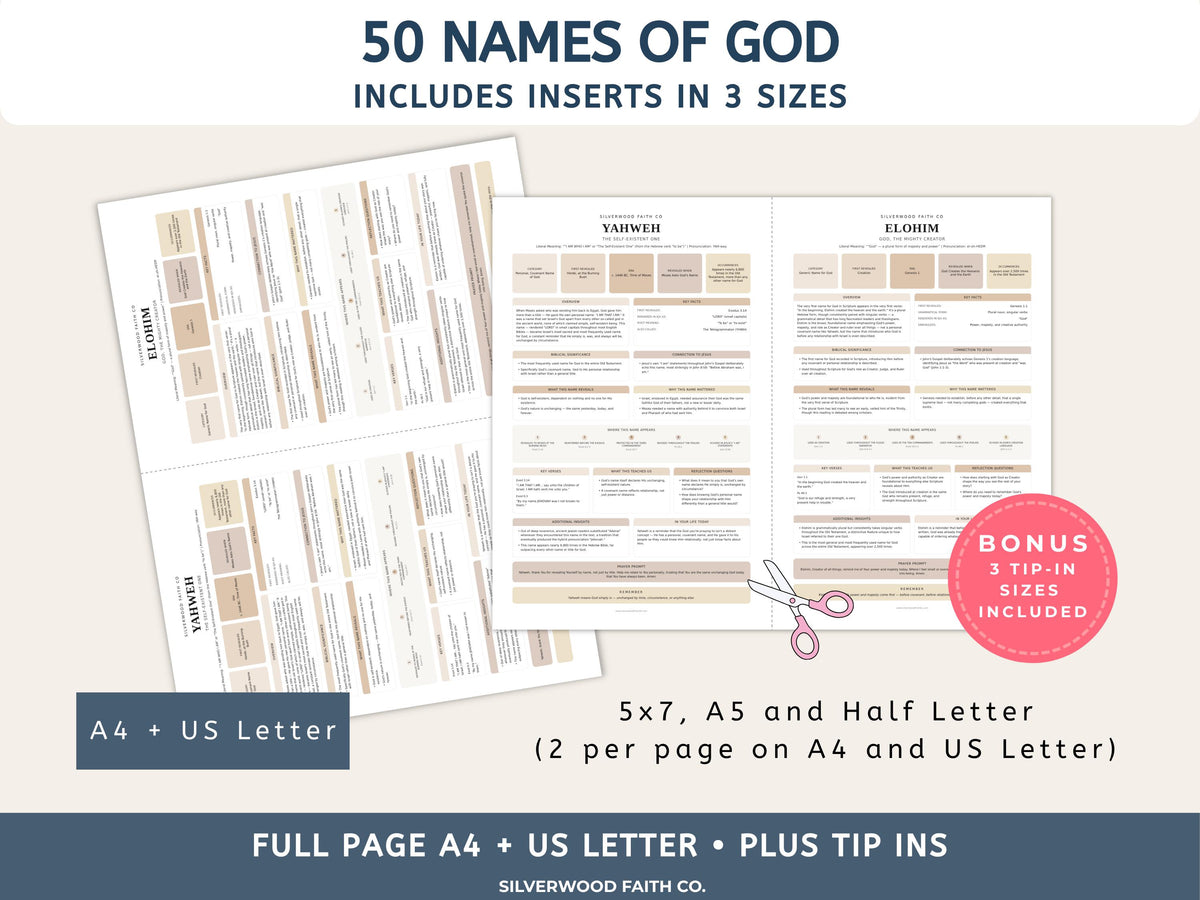 Bible Inserts 50 Names of God Bible Study Guide, Bible Tip-Ins 50 Summaries on God's Name in the Bible, CASHMERE (Digital Download) 536
