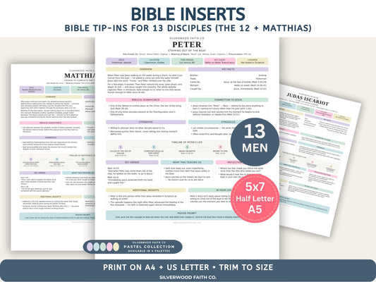 Bible Inserts Disciples of Jesus, Bible Tip-Ins for 12 Apostles, Bible Character Study Guide, Printable PDF, PASTEL (Digital Download)