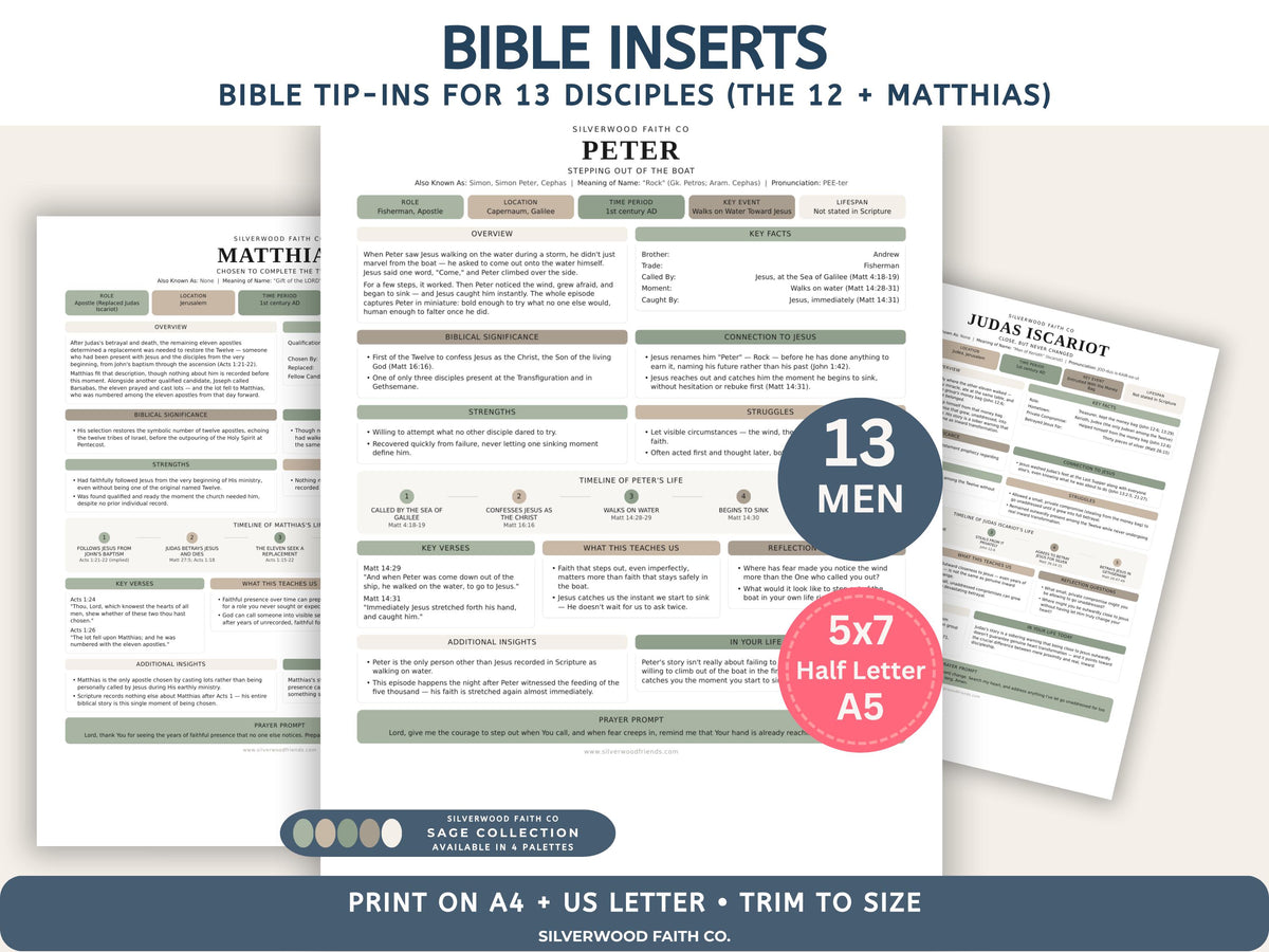 Bible Inserts Disciples of Jesus, Bible Tip-Ins for 12 Apostles, Bible Character Study Guide, Printable PDF, Sage (Digital Download)