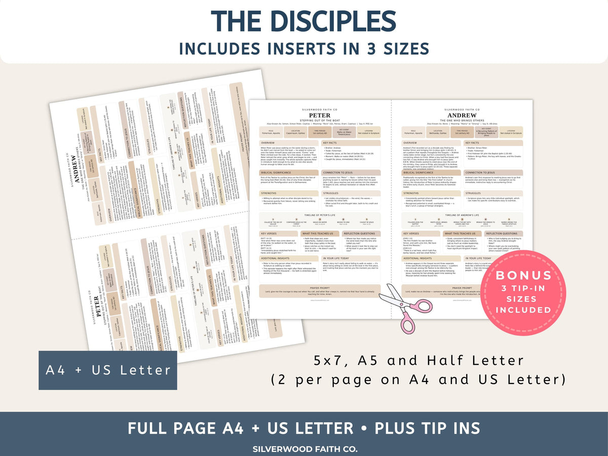 Bible Inserts Disciples of Jesus, Bible Tip-Ins for 12 Apostles, Bible Character Study Guide, Printable PDF, CASHMERE (Digital Download)
