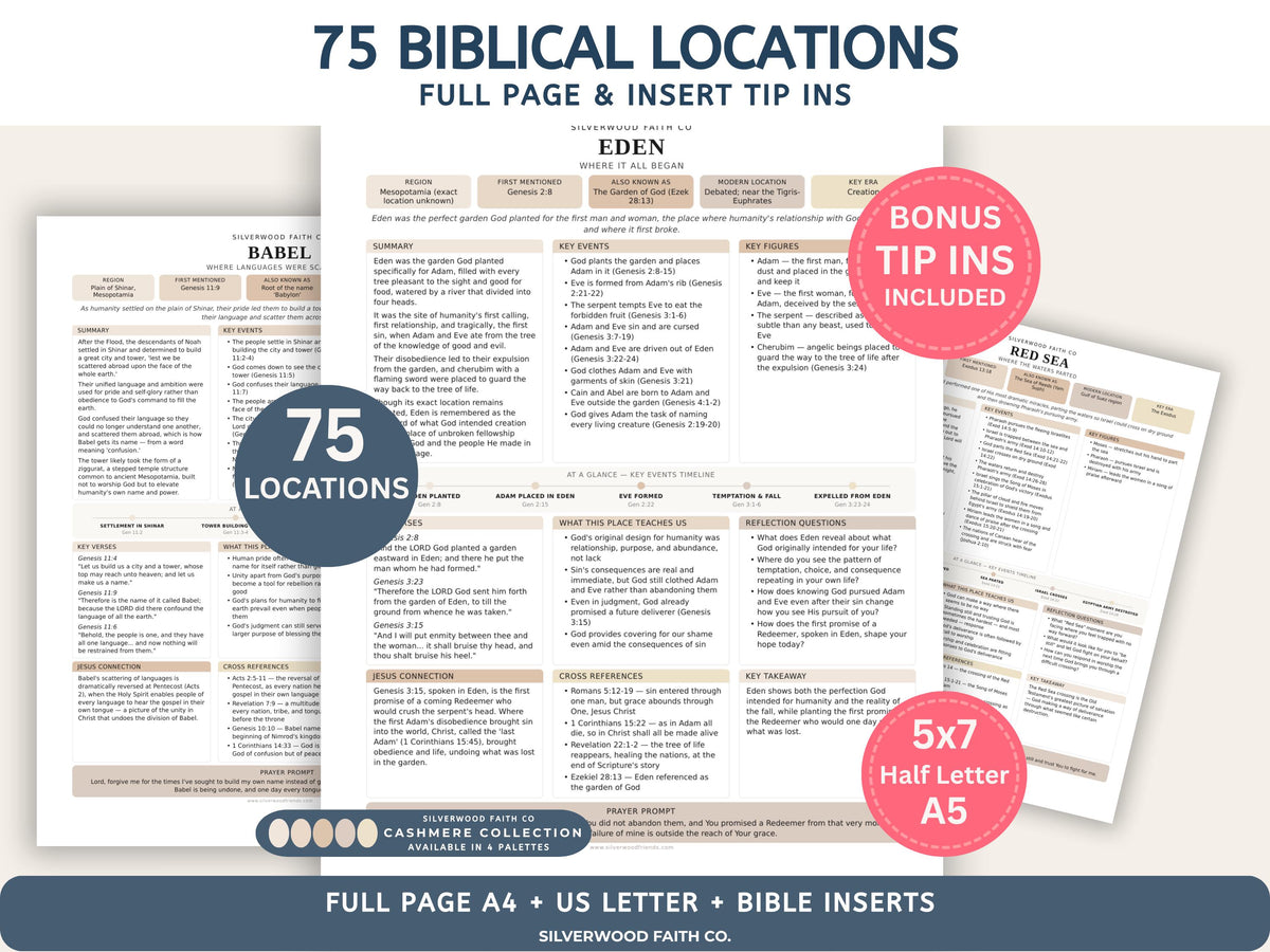 75 Biblical Locations Bible Study Inserts: Tips Ins, Bible Location Study Guide, Bible Summaries, Printable PDF, (Digital Download)