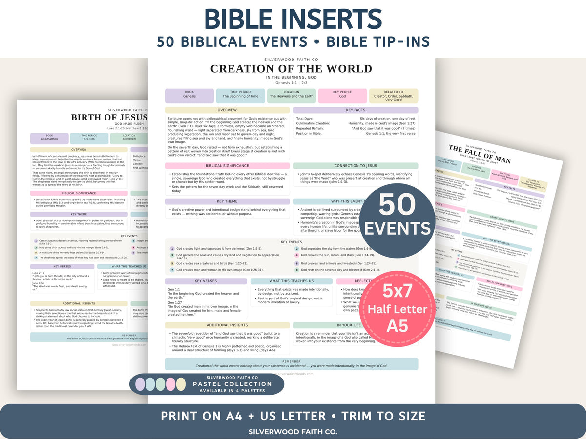 Bible Inserts 50 Biblical Events Bible Study Guide, Bible Tip-Ins 50 Events of the Bible, Biblical Timeline PDF, PASTEL (Digital Download)