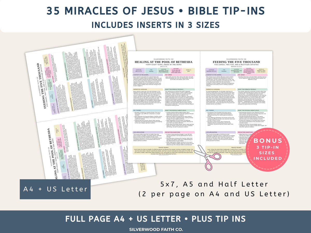 Bible Inserts 35 Miracles of Jesus Bundle Series, Bible Study Tip Ins, Christian Lesson Posters, Sunday School, PASTEL (Digital Download)