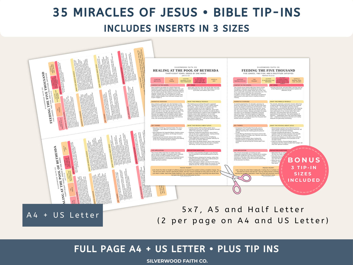 Bible Inserts 35 Miracles of Jesus Bible Study Guide, Jesus Biblical Miracles Bible Study Tip Ins, PINK MEADOW (Digital Download)