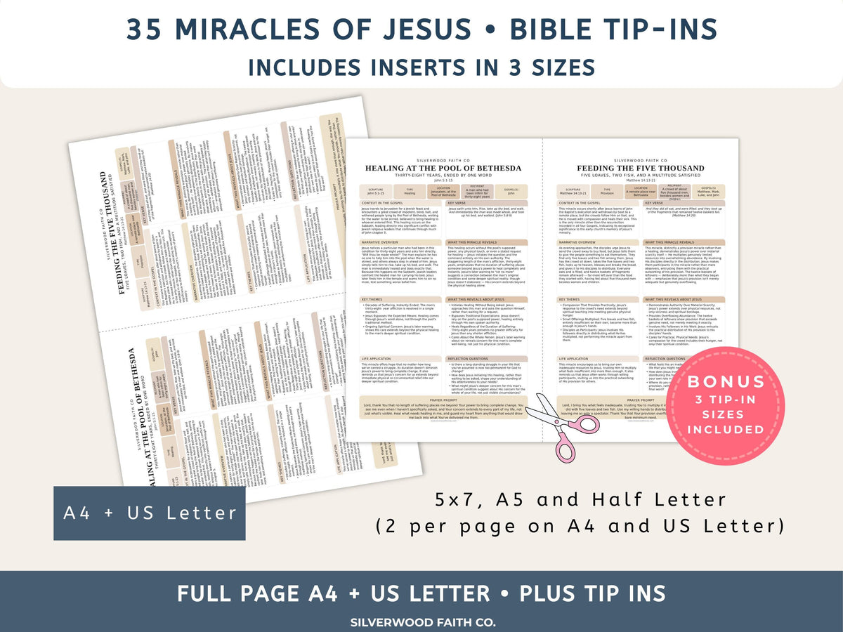 Bible Inserts 35 Miracles of Jesus Bible Study Guide, Bible Study Tip Ins Printable, Sunday School Worksheets, CASHMERE (Digital Download)