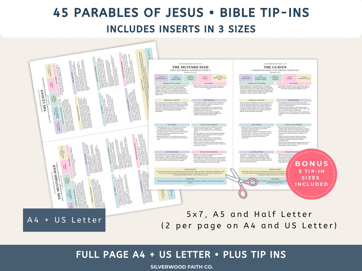 Bible Inserts Parables of Jesus Bible Study Guide, 45 Parable Summaries Bible Tip Ins, Jesus Teachings, PASTEL (Digital Download)