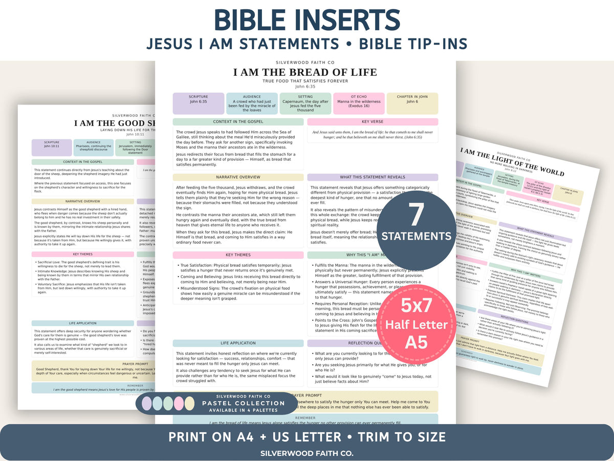 Bible Inserts I Am Statements of Jesus, Bible Tips Ins Jesus I AM Statements Printable Worksheets, PASTEL (Digital Download)