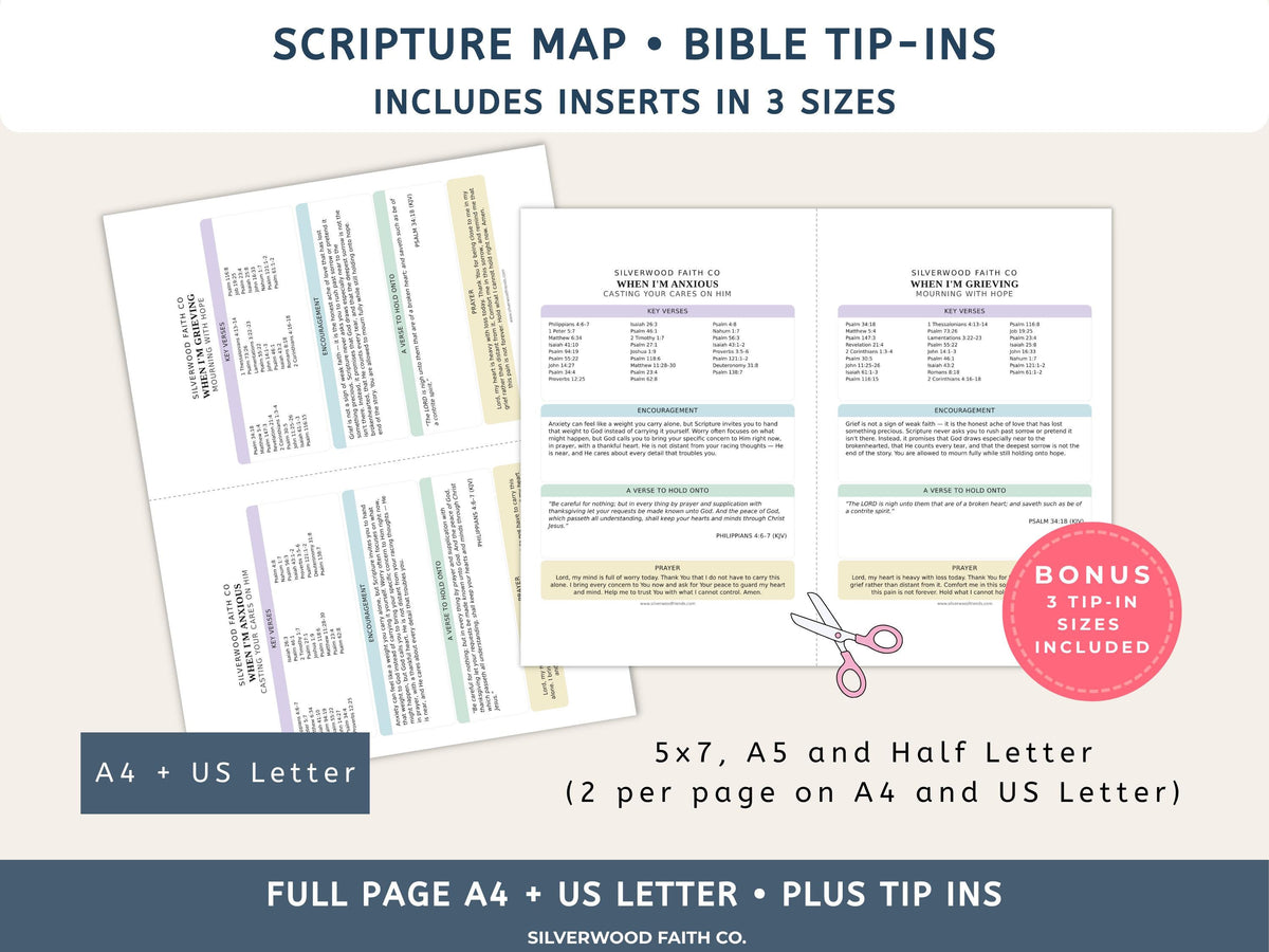 Bible Verse Feelings Loaded Bible Inserts, Scripture Map Bible Tip Ins, Bible Verse for Emotions Anxiety Fear Hope Peace (Digital Download)