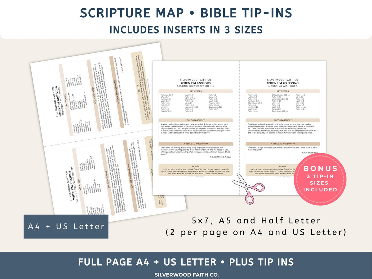 Bible Verse Feelings Loaded Bible Inserts, Scripture Map Bible Tip Ins, Bible Verse for Emotions Anxiety Fear Hope Peace (Digital Download)