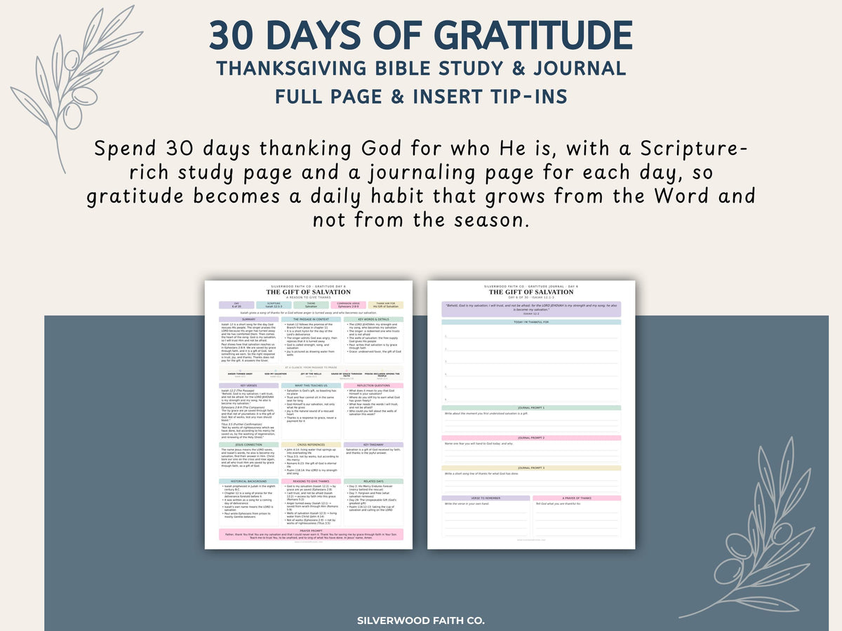 Thanksgiving 30 Day Gratitude Bible Study Guide, Bible Study Inserts, Bible Tips Ins, Thanksgiving Bible Verse Printable (Digital Download)
