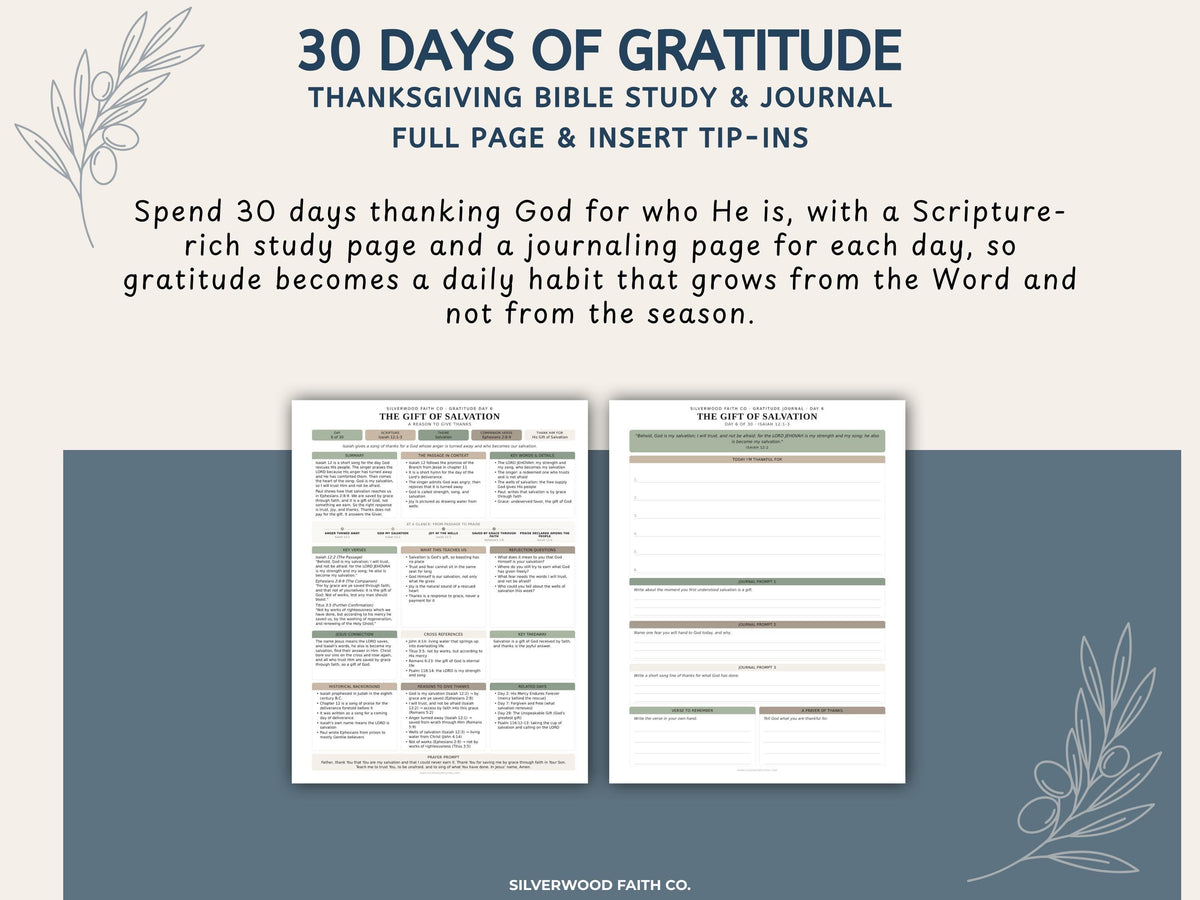 Thanksgiving 30 Day Gratitude Bible Study Guide, Sage Green Bible Study Inserts, Bible Tips Ins, Thanksgiving Bible Verse (Digital Download)