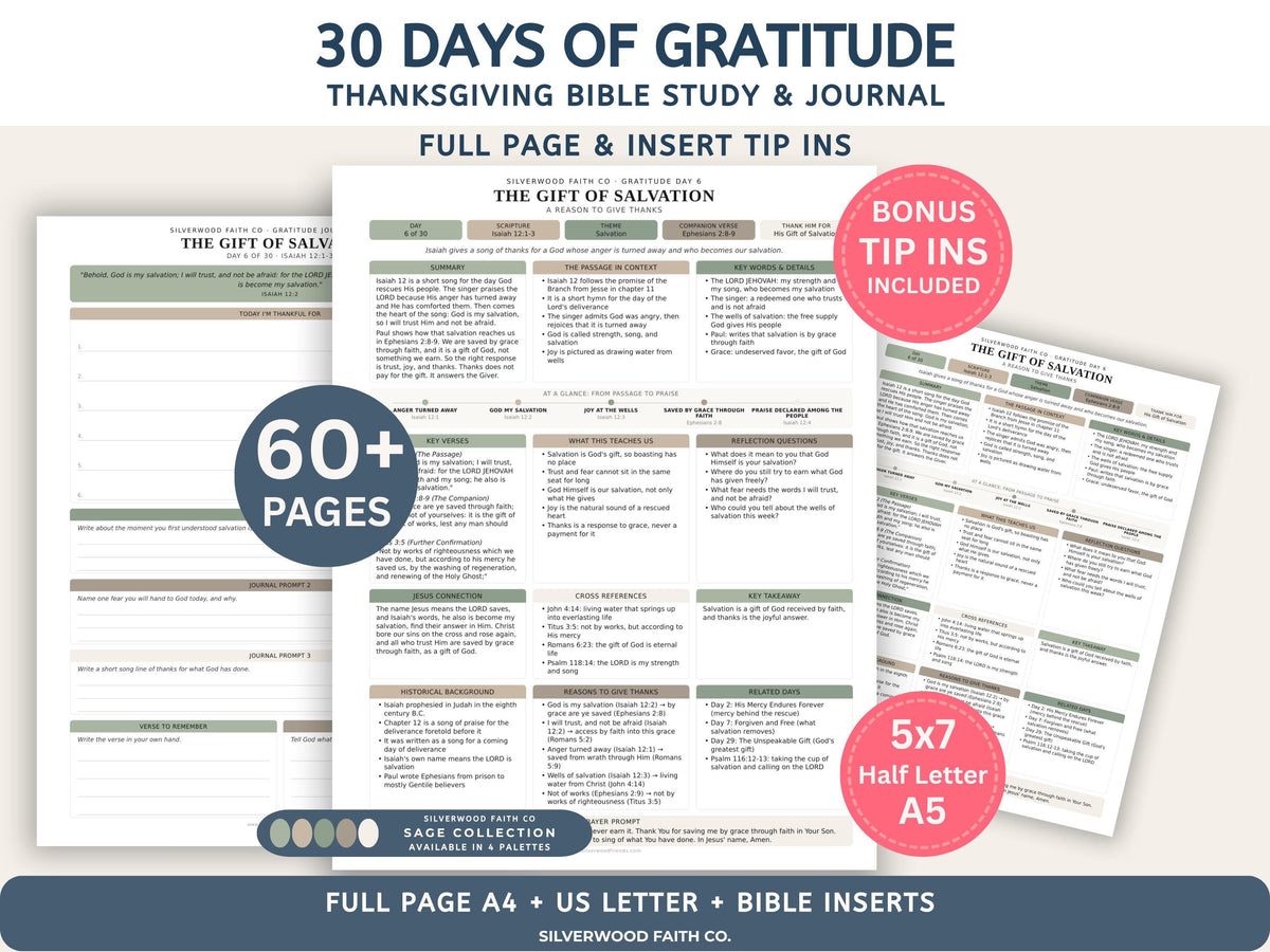 Thanksgiving 30 Day Gratitude Bible Study Guide, Sage Green Bible Study Inserts, Bible Tips Ins, Thanksgiving Bible Verse (Digital Download)