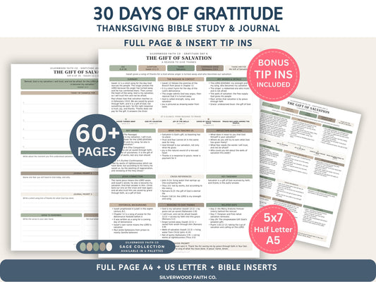 Thanksgiving 30 Day Gratitude Bible Study Guide, Sage Green Bible Study Inserts, Bible Tips Ins, Thanksgiving Bible Verse (Digital Download)