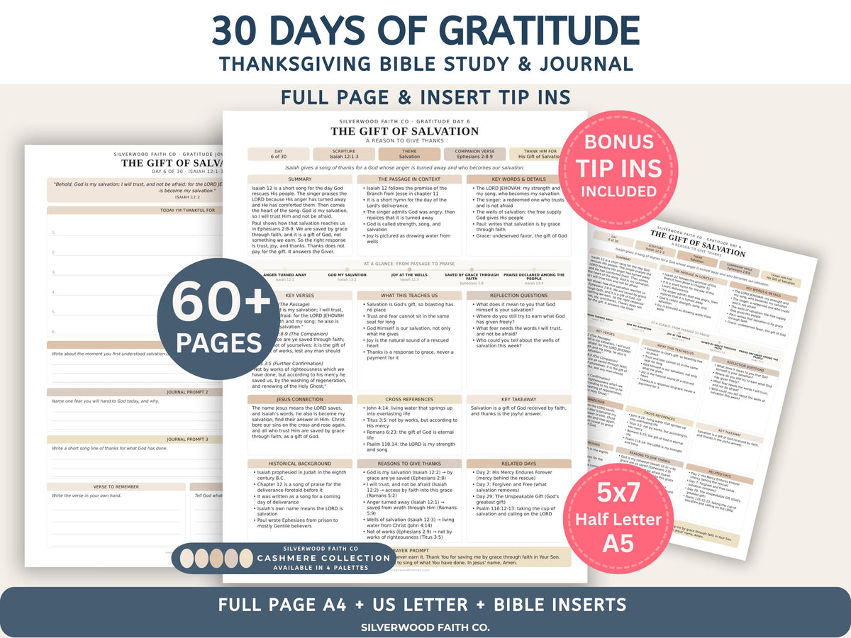 Thanksgiving 30 Day Gratitude Bible Study Guide, Neutral Bible Study Inserts, Bible Tips Ins, Thanksgiving Bible Verse (Digital Download)