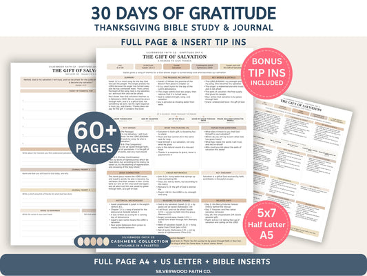 Thanksgiving 30 Day Gratitude Bible Study Guide, Neutral Bible Study Inserts, Bible Tips Ins, Thanksgiving Bible Verse (Digital Download)