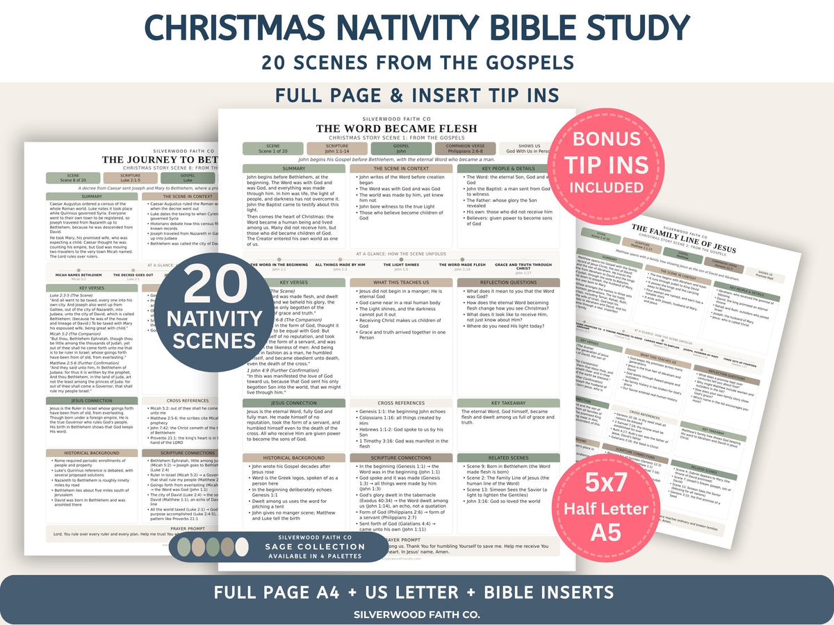 Christmas Nativity Bible Study Guide, Birth of Jesus Bible Study Inserts, Green Bible Tips Ins, Christmas Story Devotional(Digital Download)