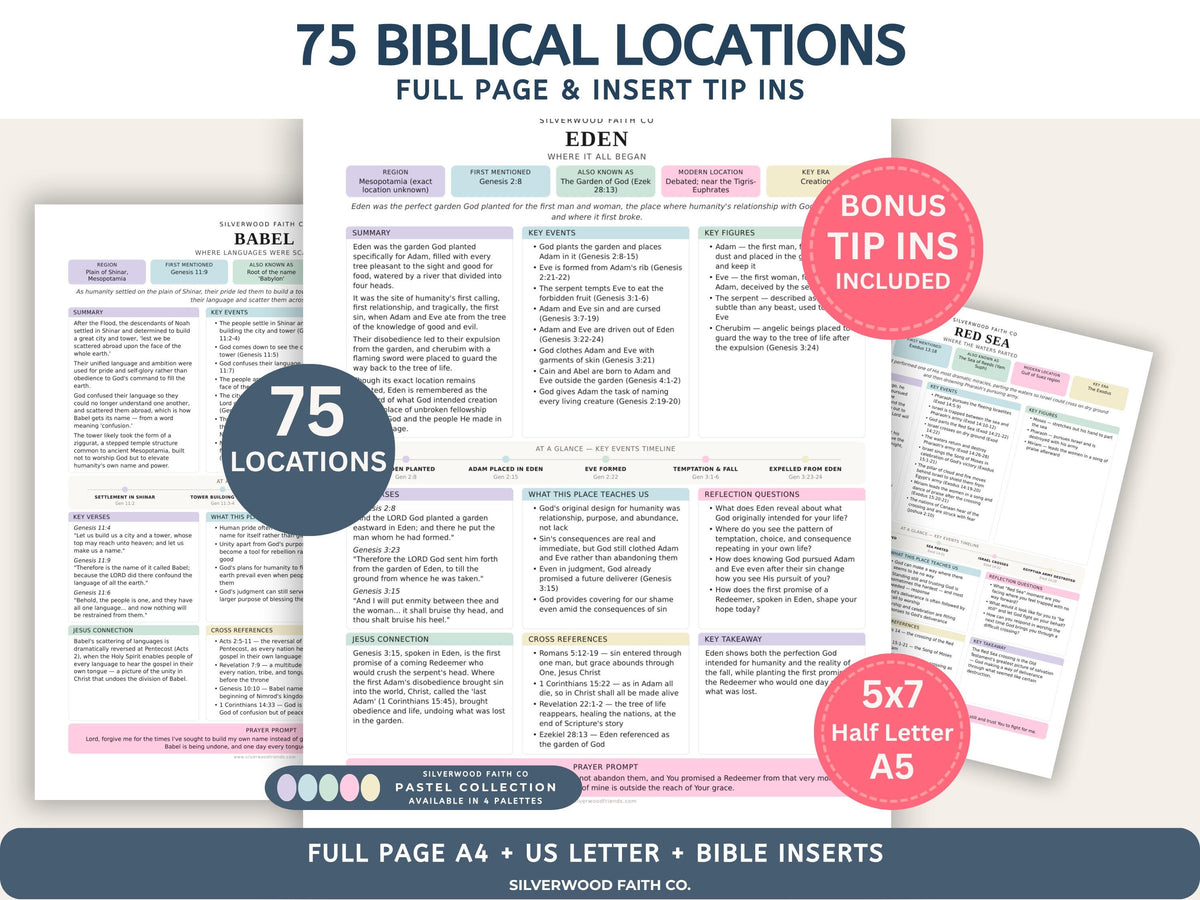 75 Biblical Locations Bible Study Inserts: Tips Ins, Bible Location Study Guide, Bible Summaries, Printable PDF, PASTEL (Digital Download)