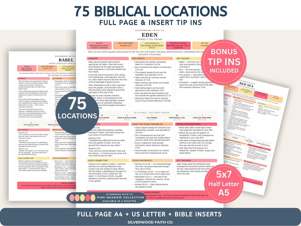 75 Biblical Locations Bible Study Inserts: Tips Ins, Bible Location Study Guide, Bible Summaries, Printable PDF, PINK (Digital Download)