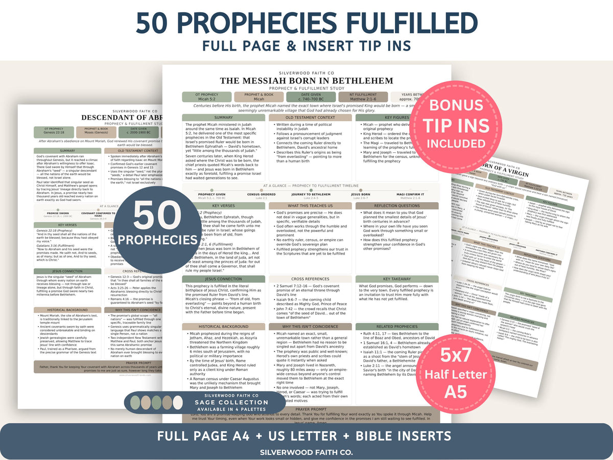 50 Prophecies Fulfilled Bible Study Inserts: Tips Ins, Bible Prophecy Study Guide, Old Testament Prophecy Printable PDF Sage Green