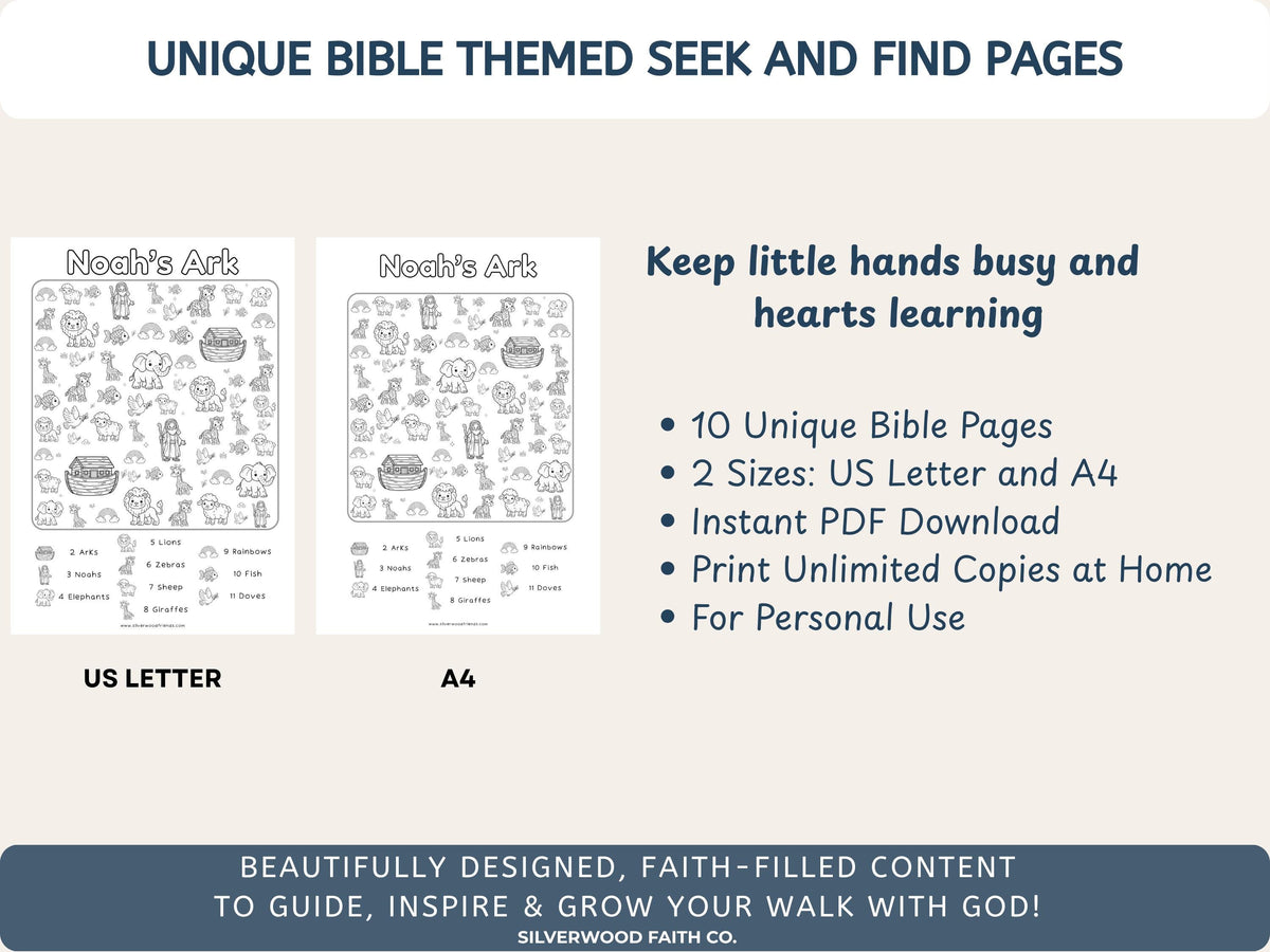 Christian Seek and Find Activity Page Bundle, Kids Christian Coloring Activities, Printable Sunday School Activity Pages (Digital Download)