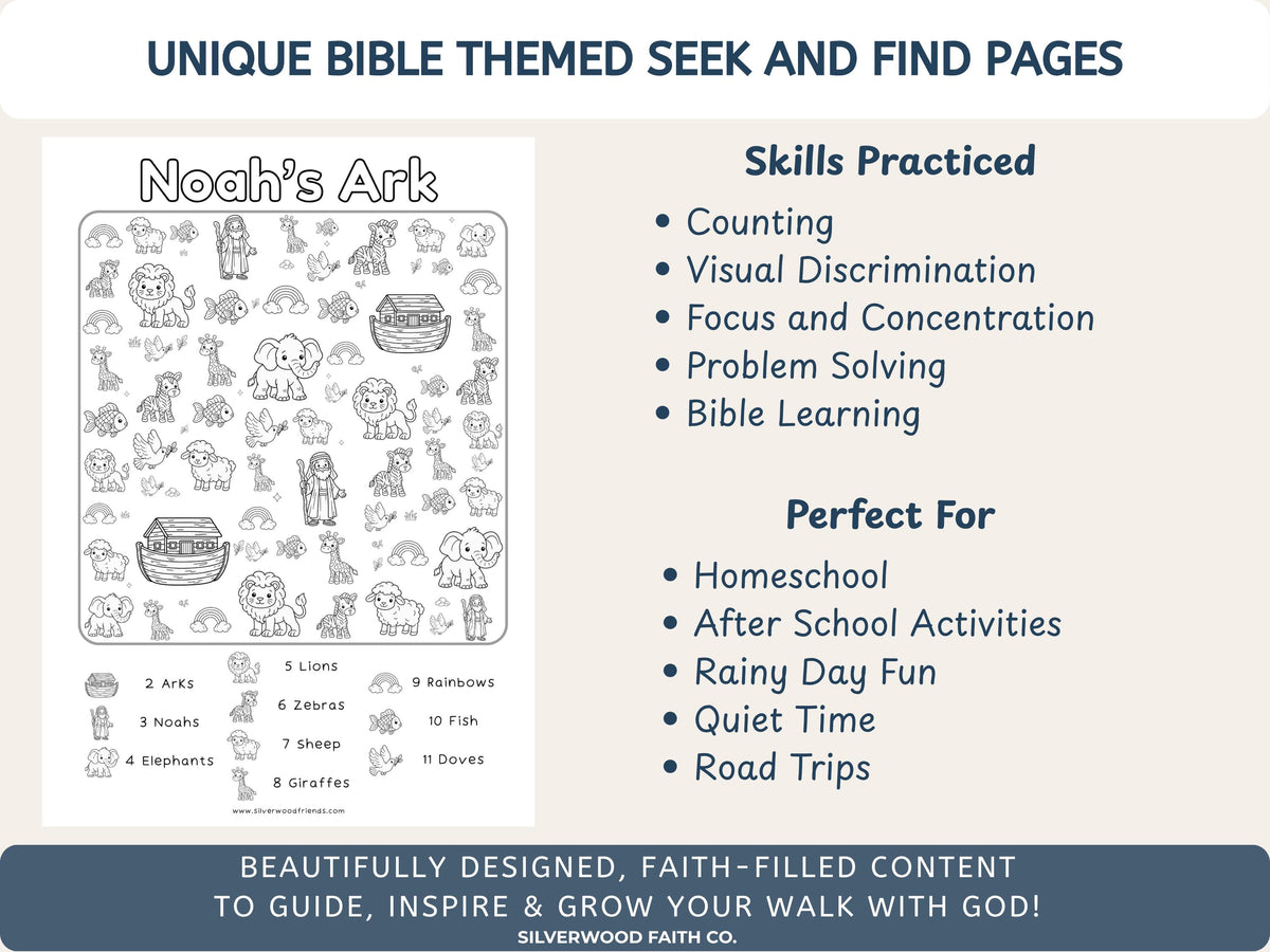Christian Seek and Find Activity Page Bundle, Kids Christian Coloring Activities, Printable Sunday School Activity Pages (Digital Download)